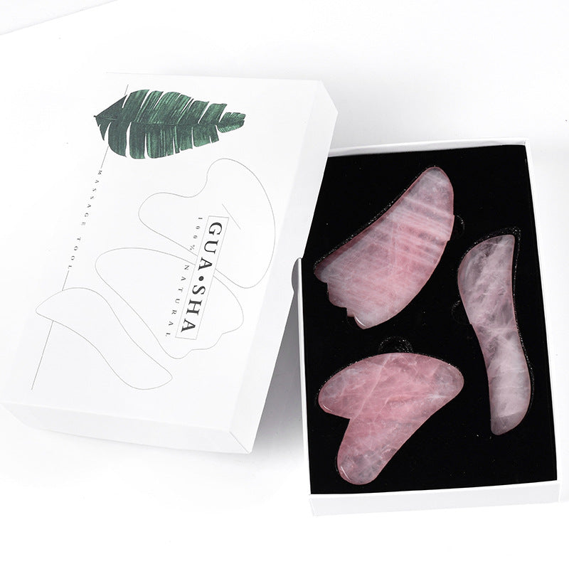 Natural Grade A Rose Quartz Crystal Gua Sha Tools, 3 Pieces -天然A级粉水晶刮痧套装