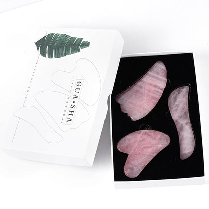 Natural Grade A Rose Quartz Crystal Gua Sha Tools, 3 Pieces -天然A级粉水晶刮痧套装