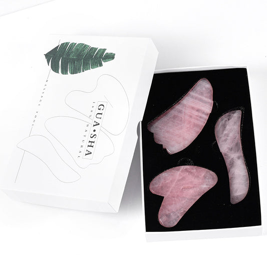 Natural Grade A Rose Quartz Crystal Gua Sha Tools, 3 Pieces -天然A级粉水晶刮痧套装