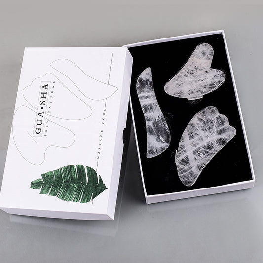 Natural Grade A White Crystal Gua Sha Tools, 3 Pieces -天然A级白水晶刮痧套装