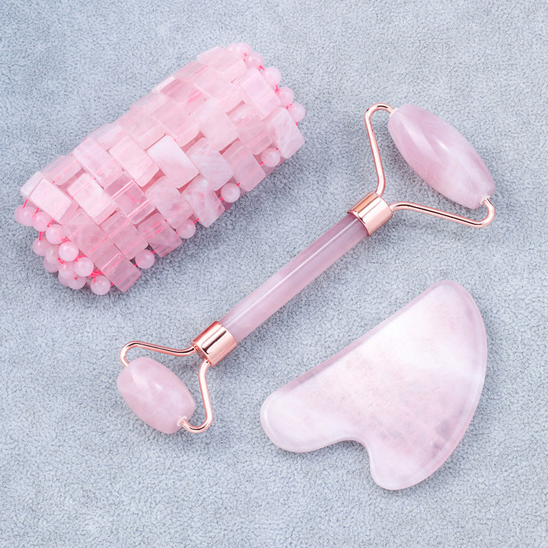 Gift Box Natural Rose Quartz Gua Sha Facial Roller Sets -高档天然礼盒粉晶刮痧滚轮眼罩套装