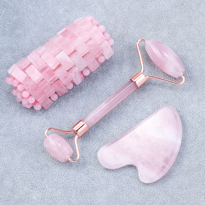 Gift Box Natural Rose Quartz Gua Sha Facial Roller Sets -高档天然礼盒粉晶刮痧滚轮眼罩套装