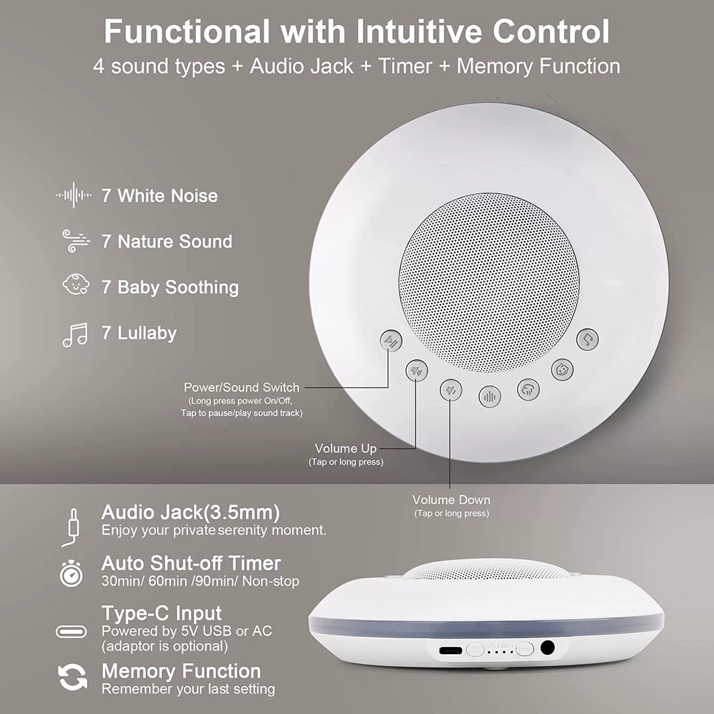 White Noise Machine, Baby Sleep Aid Device with Night Light, Portable Sleep Speaker for Home & Travel