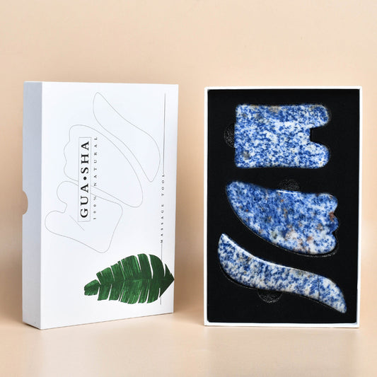 Natural Grade A Blue Spot Stone Gua Sha Set, 3 Pieces -天然A级蓝点石刮痧套装