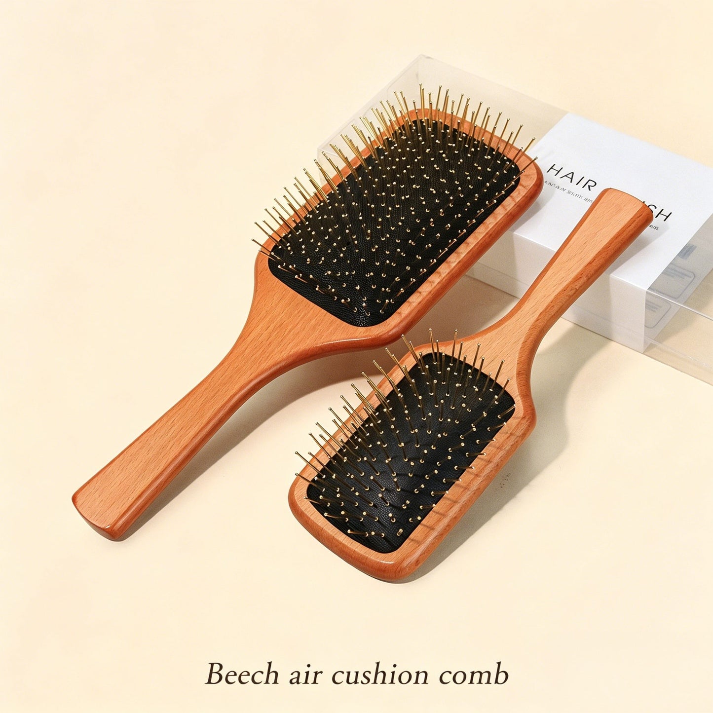 Beech Wood Air Cushion Hair Brush with Gold-Plated Steel Pins -镀金钢针气囊防静电打结按摩梳