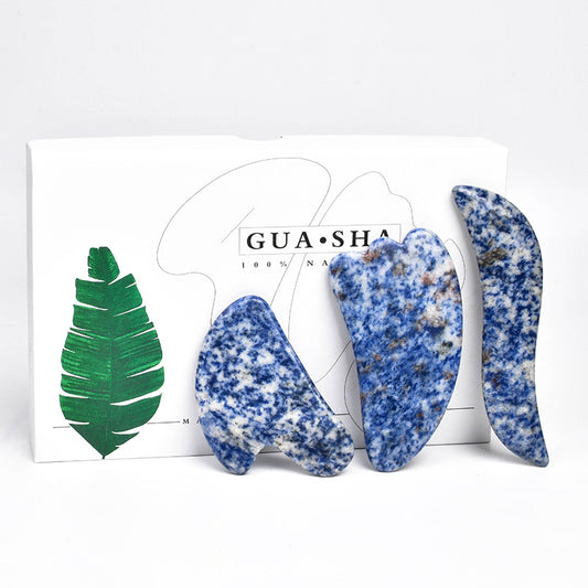 Natural Grade A Blue Spot Stone Gua Sha Set, 3 Pieces -天然A级蓝点石刮痧套装