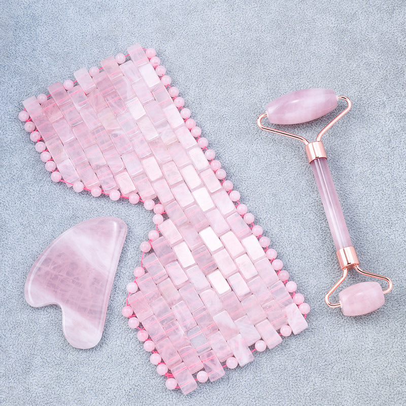 Gift Box Natural Rose Quartz Gua Sha Facial Roller Sets -高档天然礼盒粉晶刮痧滚轮眼罩套装
