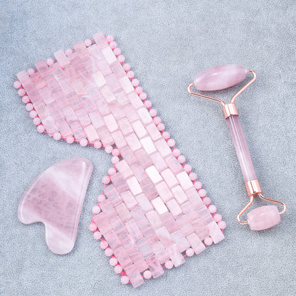 Gift Box Natural Rose Quartz Gua Sha Facial Roller Sets -高档天然礼盒粉晶刮痧滚轮眼罩套装