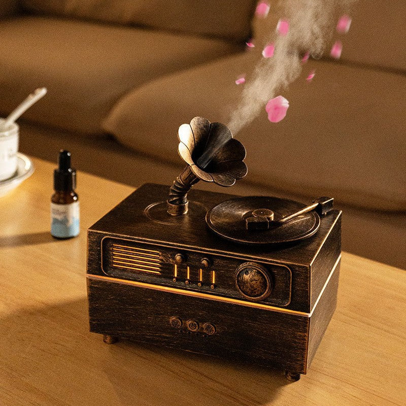 Vintage Gramophone Style Aroma Diffuser, Ultrasonic Essential Oil Humidifier with Bluetooth & Remote Control
