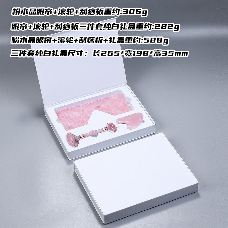 Gift Box Natural Rose Quartz Gua Sha Facial Roller Sets -高档天然礼盒粉晶刮痧滚轮眼罩套装