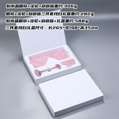 Gift Box Natural Rose Quartz Gua Sha Facial Roller Sets -高档天然礼盒粉晶刮痧滚轮眼罩套装