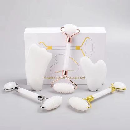 White Jade Gua Sha Board & Roller Set, Facial Meridian Massage Tools