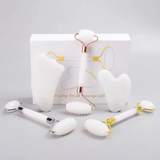 White Jade Gua Sha Board & Roller Set, Facial Meridian Massage Tools