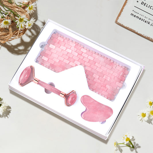 Gift Box Natural Rose Quartz Gua Sha Facial Roller Sets -高档天然礼盒粉晶刮痧滚轮眼罩套装