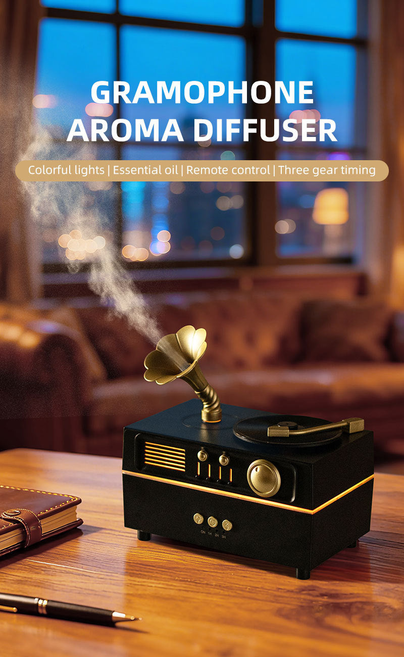 Vintage Gramophone Style Aroma Diffuser, Ultrasonic Essential Oil Humidifier with Bluetooth & Remote Control